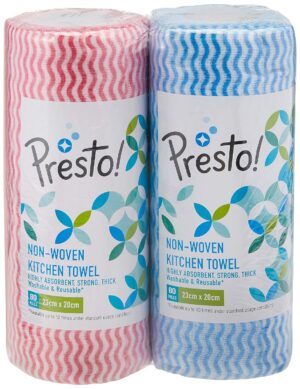 Amazon Brand - Presto! Non-Woven Kitchen Towel Roll | 160 Pulls | Blue & Red Kitchen Cloth | 80 Pulls X 2 Rolls | Food Safe | Lint-free and Residue-Free | Washable and Reusable | Highly Absorbent