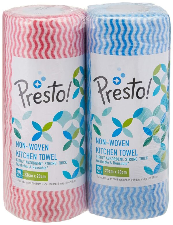Amazon Brand - Presto! Non-Woven Kitchen Towel Roll | 160 Pulls | Blue & Red Kitchen Cloth | 80 Pulls X 2 Rolls | Food Safe | Lint-free and Residue-Free | Washable and Reusable | Highly Absorbent