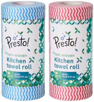 Amazon Brand - Presto! Non-Woven Kitchen Towel Roll | 80 Pulls (Pack of 2) | Size: 23 x 21 cm | Wavy Pattern (Red & Blue) | Washable and Reusable | Highly Absorbent | For Daily Use