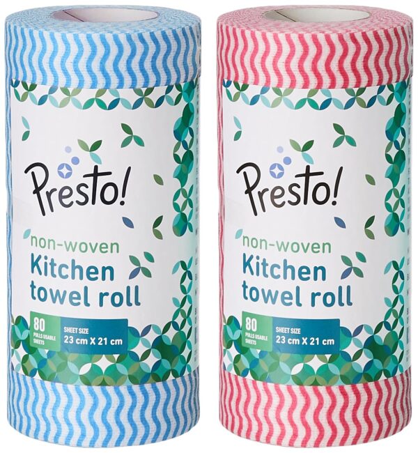 Amazon Brand - Presto! Non-Woven Kitchen Towel Roll | 80 Pulls (Pack of 2) | Size: 23 x 21 cm | Wavy Pattern (Red & Blue) | Washable and Reusable | Highly Absorbent | For Daily Use