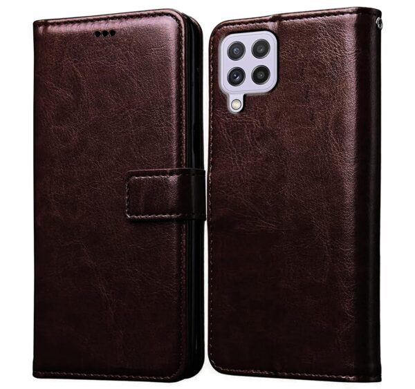 Amazon Brand- Solimo Flip Leather Mobile Cover (Soft, Flexible & Kickstand Back case) Compatible for Samsung Galaxy A22 4G / F22 4G (Coffee)