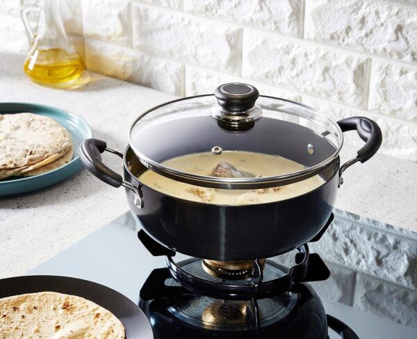 Amazon Brand - Solimo - Hard Anodized Deep Kadhai With Induction Bottom And Glass Lid (22 Cm), Black