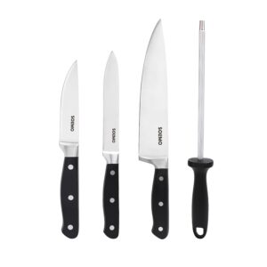 Amazon Brand - Solimo Premium High-Carbon Stainless Steel Kitchen Knife Amazon Brand - Solimo Premium High-Carbon Stainless Steel Kitchen Knife Set, 4-Pieces (with Sharpener), Silver