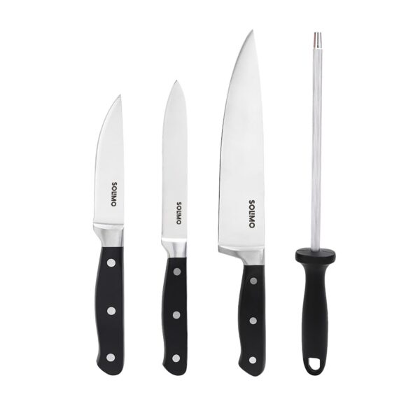 Amazon Brand - Solimo Premium High-Carbon Stainless Steel Kitchen Knife Amazon Brand - Solimo Premium High-Carbon Stainless Steel Kitchen Knife Set, 4-Pieces (with Sharpener), Silver