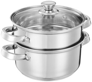 Amazon Brand - Solimo Stainless Steel Steamer with Glass Lid | Induction Base | Modak, Momo Maker | 17 x 22 x 22.4 Cm | 2L | Silver