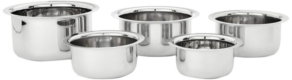 Amazon Brand - Solimo Tope Set of 5 | Stainless Steel | 420 ml, 550 ml, 840 ml, 1150 ml & 1550 ml | Induction and Gas compatible | Silver