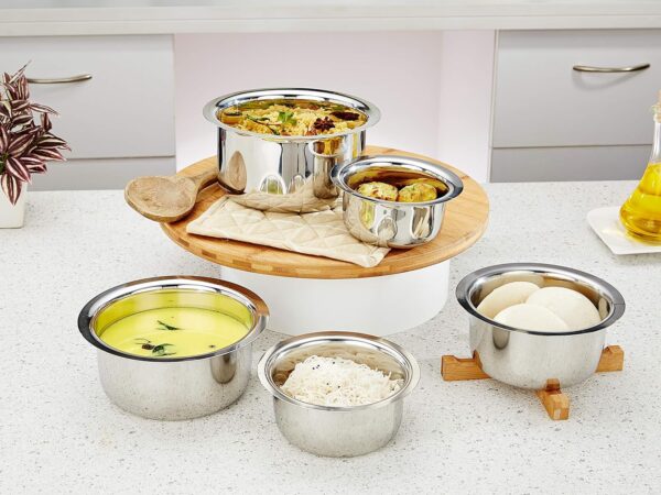 Amazon Brand - Solimo Tope Set of 5 | Stainless Steel | 420 ml, 550 ml, 840 ml, 1150 ml & 1550 ml | Induction and Gas compatible | Silver