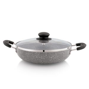Amazon Solimo Non-Stick Kadai with Glass Lid | Granite Finish Amazon Solimo Non-Stick Kadai with Glass Lid | Granite Finish | Induction Base | PFOA Free | High Temperature Resistant Exterior Coating | 22 cm | Grey