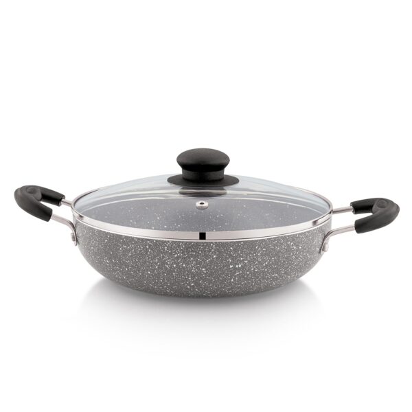 Amazon Solimo Non-Stick Kadai with Glass Lid | Granite Finish Amazon Solimo Non-Stick Kadai with Glass Lid | Granite Finish | Induction Base | PFOA Free | High Temperature Resistant Exterior Coating | 22 cm | Grey