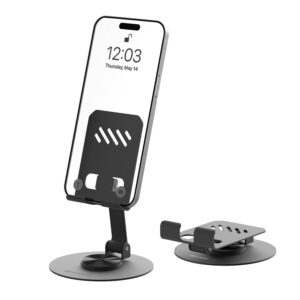 Amkette Ergo 360° Alloy Mobile Stand for Desk, Foldable Design with Stable Rotational Metallic Round Base, Multiple Height & Angle adjustments for Smartphones, Tablets & iPad (Black)