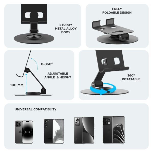 Amkette Ergo 360° Alloy Mobile Stand for Desk, Foldable Design with Stable Rotational Metallic Round Base, Multiple Height & Angle adjustments for Smartphones, Tablets & iPad (Black)