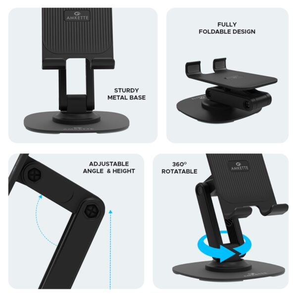 Amkette Ergo 360° Rotation Mobile Phone Holder, Foldable Design Mobile Stand with Stable Metallic Round Base, Multiple Height & Angle adjustments for Smartphones, Tablets, Kindles & iPad, (Black)