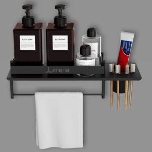 Arena 3 in-1 Multi-Purpose Bathroom Shelves Shelf, Wall Mounted Bathroom Shelf, Napkin Holder Tooth Brush Holder, Bathroom Accessories Set, Black Stainless Steel Bathroom Organizer (Pack of 1)