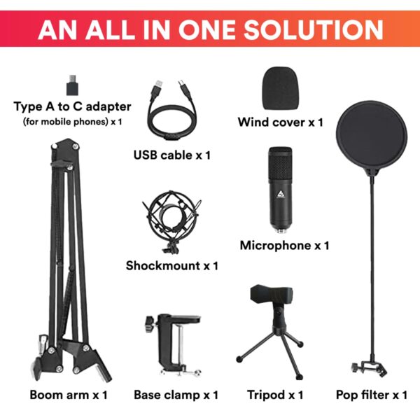 Audio Array AM-C1 USB Condenser Microphone Kit | for Podcasting, Audio Array AM-C1 USB Condenser Microphone Kit | for Podcasting, Online Meeting, Gaming, Singing & Live Streaming | Boom Arm, Pop Filter, Mic Cover, Spider Shock Mount, Tripod & 2.5M USB Cable
