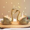 BEHOMA Metal Pair of Swans with Gift Box for Good Luck and Love | Candle Holder for Home Decor Tabletop Living Room Office | Showpiece Vastu Statue for Gifting (Candles/Plants Etc Not Included), Gold