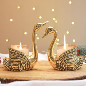 BEHOMA Metal Pair of Swans with Gift Box for Good Luck and Love | Candle Holder for Home Decor Tabletop Living Room Office | Showpiece Vastu Statue for Gifting (Candles/Plants Etc Not Included), Gold