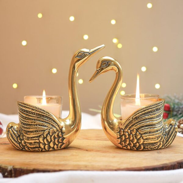 BEHOMA Metal Pair of Swans with Gift Box for Good Luck and Love | Candle Holder for Home Decor Tabletop Living Room Office | Showpiece Vastu Statue for Gifting (Candles/Plants Etc Not Included), Gold