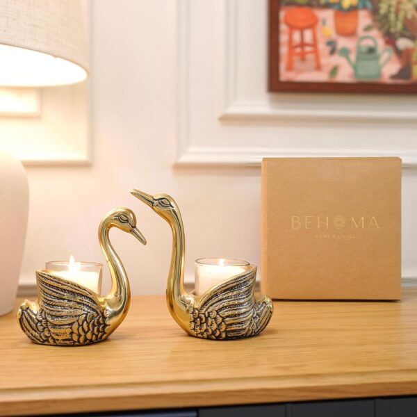 BEHOMA Metal Pair of Swans with Gift Box for Good Luck and Love | Candle Holder for Home Decor Tabletop Living Room Office | Showpiece Vastu Statue for Gifting (Candles/Plants Etc Not Included), Gold
