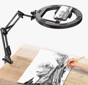 BROLAVIYA No Shadow Overhead Video Mobile Stand with Extra Long Metal Arm,10inch Selfie Ring Light,2 Way Base clamp 1/4" Adaptor for Camera, GoPro and Mobile Bracket for Desktop, Bedroom, Office