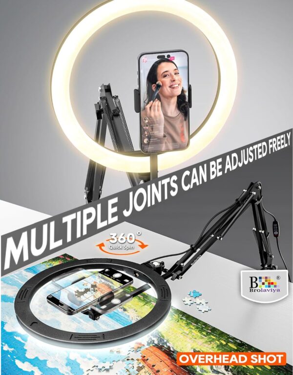 BROLAVIYA No Shadow Overhead Video Mobile Stand with Extra Long Metal Arm,10inch Selfie Ring Light,2 Way Base clamp 1/4" Adaptor for Camera, GoPro and Mobile Bracket for Desktop, Bedroom, Office