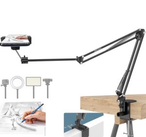 BROLAVIYA Overhead Video Mobile Stand, New Extra Long Arm, 1/4" BROLAVIYA Overhead Video Mobile Stand, New Extra Long Arm, 1/4" Head 2 Way Base clamp, and Bracket for Mobile Phone, for, Overhead Video, Desktop,Bedroom, Office, Black