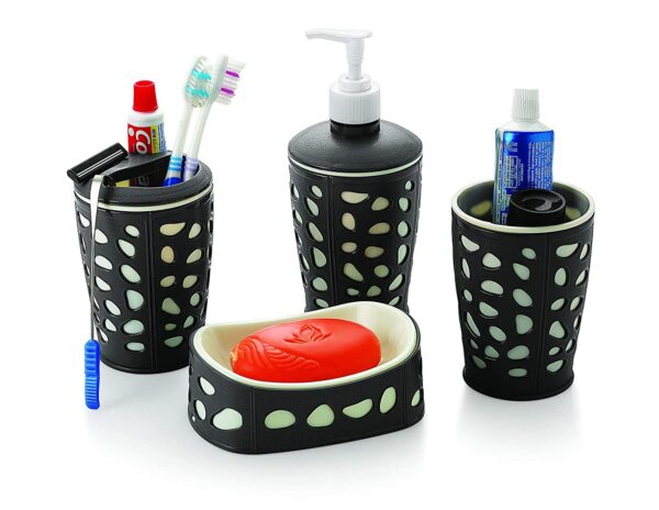 Bathroom Accessories Set - 4 Pieces Bath Ensemble Set Include Bathroom Accessories Set - 4 Pieces Bath Ensemble Set Include Hand Liquid Soap Dispenser,Soap Dish,Toothbrush & Paste Holder, Dust Bin Bathroom Accessory Set for Bathroom, Multicolor