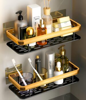 Bathroom Organiser Without Drill | 2PCS Self Adhesive Shelves Shelf Rack Washroom Storage Organiser Without Drill Stand Racks Bathroom Shelf Shelves (Pack of 2, Gold Black)