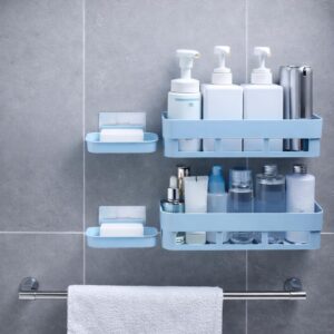 Bathroom Organizer Shelf with Soap Holder | Wall Mounted Bathroom Accessories Set | No Drill Self Adhesive Storage Rack for Shampoo, Conditioner & Toiletries | Plastic, Blue