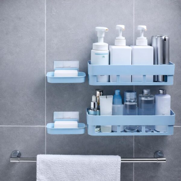 Bathroom Organizer Shelf with Soap Holder | Wall Mounted Bathroom Bathroom Organizer Shelf with Soap Holder | Wall Mounted Bathroom Accessories Set | No Drill Self Adhesive Storage Rack for Shampoo, Conditioner & Toiletries | Plastic, Blue