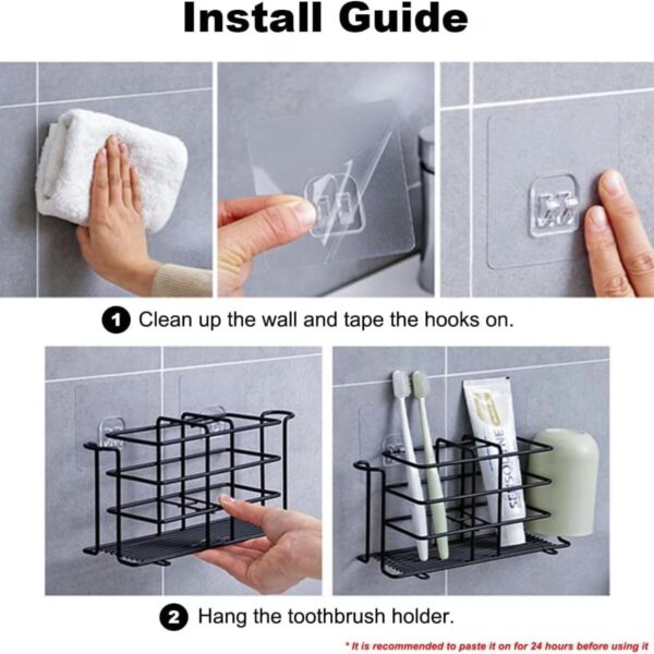 Bathroom Toothbrush Holder Wall Mounted Adhesive Toothpaste Organizer Bathroom Accessories Stand Rust Proof Metal Storage Rack for Tooth Brush Cup Razor Comb Bathroom Shelf