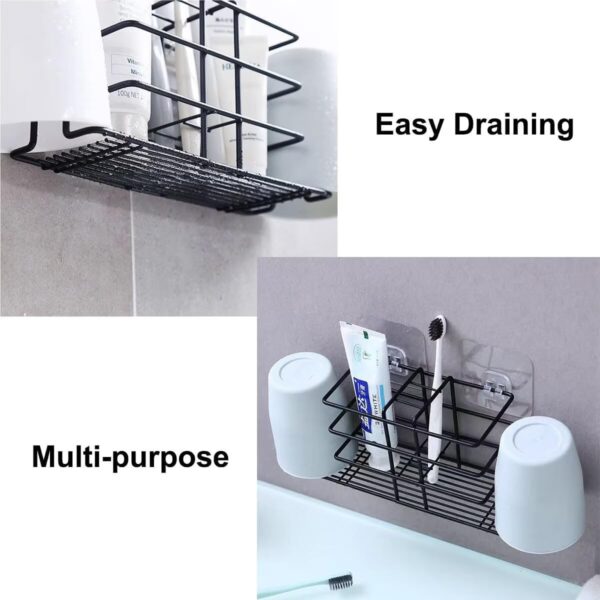 Bathroom Toothbrush Holder Wall Mounted Adhesive Toothpaste Organizer Bathroom Accessories Stand Rust Proof Metal Storage Rack for Tooth Brush Cup Razor Comb Bathroom Shelf