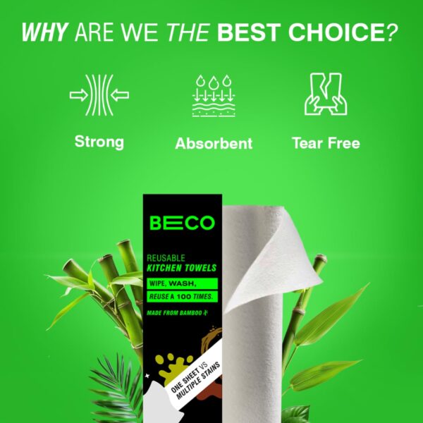 Beco Reusable Kitchen Towel Roll-2000 Times Washable|Soft & Highly Absorbent|Better Alternative to Dishcloth, Kitchen Tissue Paper Roll/Paper Towel|Eco Bamboo Wipes for Home Cleaning|20 Sheets