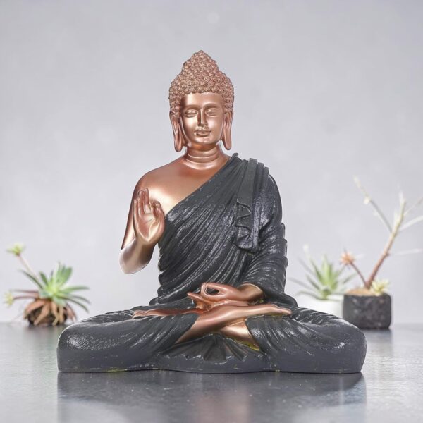 Bronze Buddha Statue with Dark Textured Robe Meditative Figurine in Abhaya & Dhyana Mudra for Home Decor, Yoga, and Spiritual Spaces (15 inch/ 38cm) Dark Olive with Bronze Color