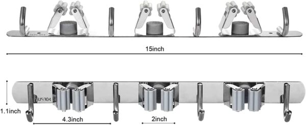 Broom Mop Holder Wall Mount Stainless Steel Wall Mounted Storage Organizer Heavy Duty Tools Hanger with 3 Racks 4 Hooks for Kitchen Bathroom Closet Garage Office Garden-1Pc, Hanging Shelves