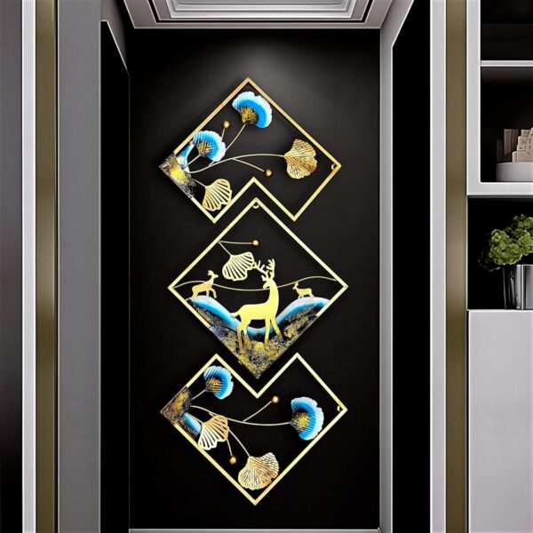 Brovion Art 3 Piece Metal Wall Decor for Living Room – Gold Deer & Leaf Wall Hanging Decoration | Modern Home Decor Items | Large Wall Art for Bedroom, Hall, Office | Powder Coated