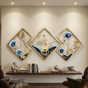 Brovion Art Metal Wall Decor for Living Room – Gold Deer & Leaf Wall Hanging Decoration | Modern Home Decor Items | Large Wall Art for Bedroom, Hall, Office | Powder Coated