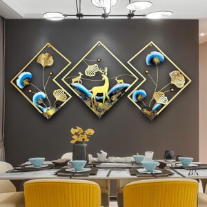 Brovion™ Metal Wall Decor for Living Room - Set of 3 Panels Green & Gold Wall Hanging Decor Item with Trees, Deer, Flowers & Butterfly | Modern Metal Wall Decor for Bedroom, Hall, Office & Home (Size 20x20 inch)
