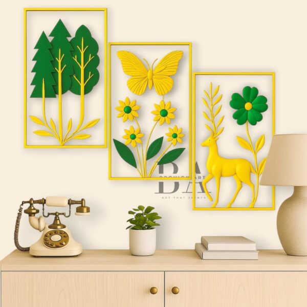BrovionArt™ Metal Wall Decoration item for Living Room, Bedroom, Hallway, Kitchen & More (Deer - Royal Gold & Green)