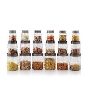 CELLO Checkers Kitchen Storage Container Box Set of 18 Pcs CELLO Checkers Kitchen Storage Container Box Set of 18 Pcs Brown (6x300ml, 6x650ml, 6x1200ml) | Transparent Unbreakable Fridge Safe Stackable Airtight Storage Canister Set For Spices Dry Fruits Grains