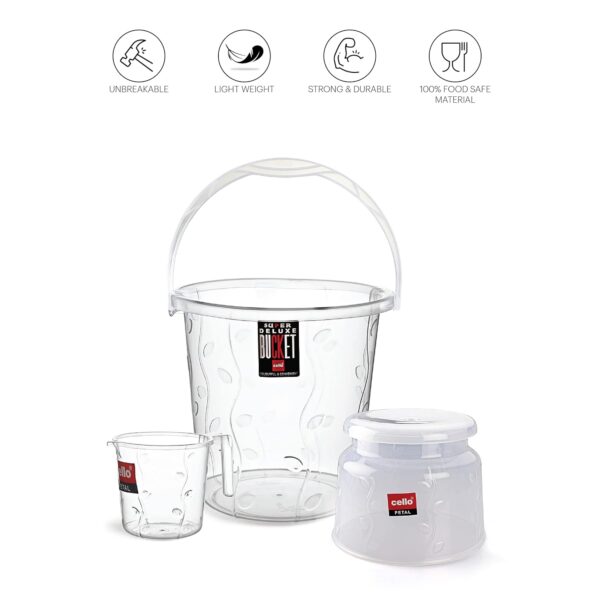Cello-Petal-Bathroom-Accessory-Combo-Set-of-3-Transparent-20L-Bucket-1.5L-Mug-23cm-Tall-Stool-Durable-Stylish-Modern-Design-Plastic-Bath-Combo-Set-for-Modular-Bathroom.jpg Cello Petal Bathroom Accessory Combo Set of 3, Transparent (20L Bucket, 1.5L Mug & 23cm Tall Stool) | Durable, Stylish & Modern Design | Plastic Bath Combo Set for Modular Bathroom