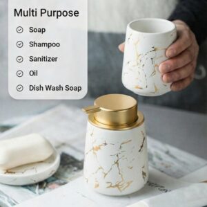 Ceramic Bath Accessories Set of 3 (Luxe White) – 400ml Soap Dispenser, Tumbler & Soap Dish, White with Gold Marble Design, Bathroom Countertop Organizer for washbasin