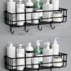 Copper Shower Caddy Shelf 2-Pack Black Wall Mount Bathroom Organizer with 4 Hooks, No-Drill Adhesive Storage Rack for Shampoo, Toiletries, Kitchen, Rustproof Shelf for Bathroom Accessories