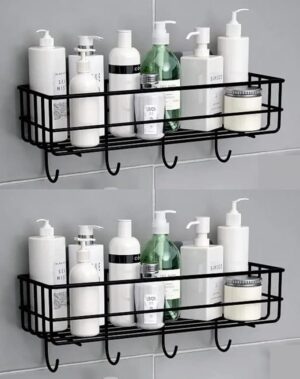 Copper Shower Caddy Shelf 2-Pack Black Wall Mount Bathroom Organizer with 4 Hooks, No-Drill Adhesive Storage Rack for Shampoo, Toiletries, Kitchen, Rustproof Shelf for Bathroom Accessories