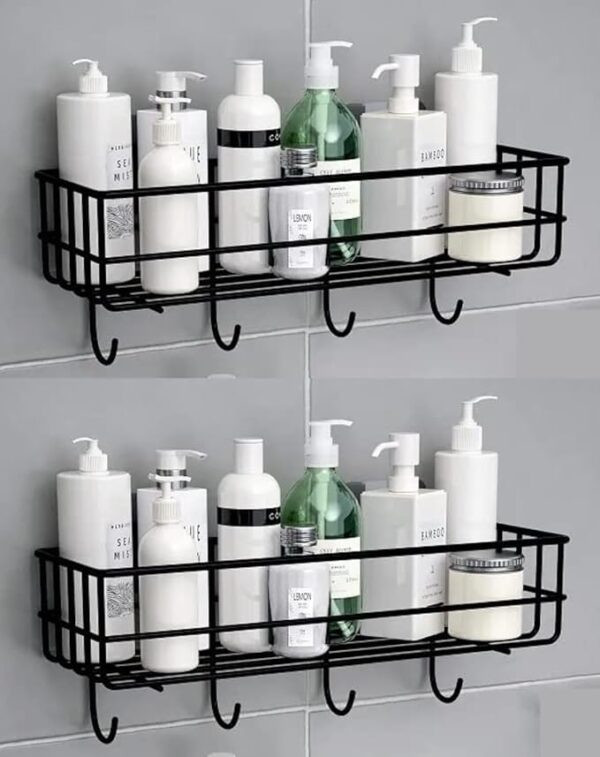 Copper Shower Caddy Shelf 2-Pack Black Wall Mount Bathroom Organizer with 4 Hooks, No-Drill Adhesive Storage Rack for Shampoo, Toiletries, Kitchen, Rustproof Shelf for Bathroom Accessories
