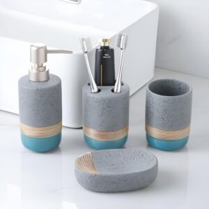 Crox Ceramic Bathroom Accessories Set (4 Pieces) – Soap Dispenser, Crox Ceramic Bathroom Accessories Set (4 Pieces) – Soap Dispenser, Toothbrush Holder, Tumbler & Soap Dish | Modern Stone Finish Bathroom Countertop Set
