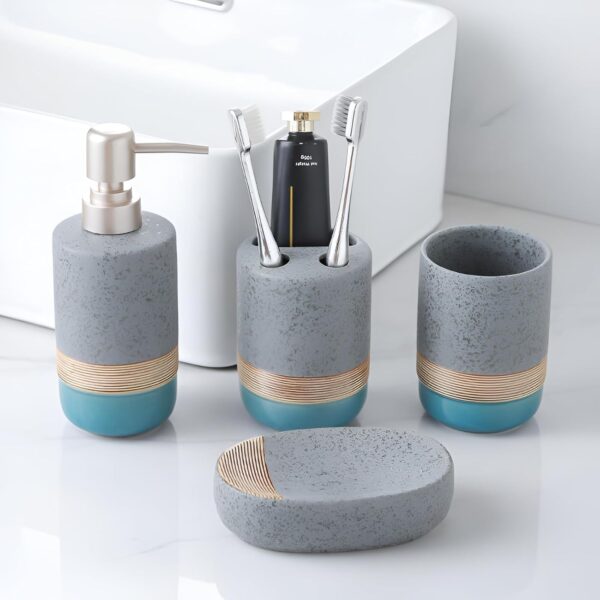 Crox Ceramic Bathroom Accessories Set (4 Pieces) – Soap Dispenser, Toothbrush Holder, Tumbler & Soap Dish | Modern Stone Finish Bathroom Countertop Set