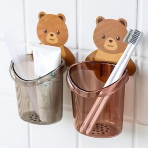 Cute Bear Toothbrush Holder Set, Bathroom Organizer with Glass Cups, Brown and Clear, Kids Bathroom Decor, 2 Piece