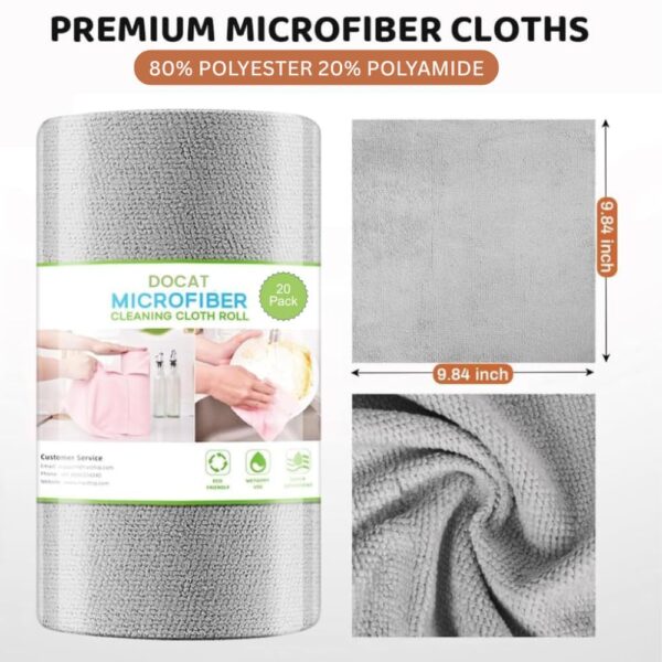 DOCAT Microfiber Cleaning Cloth Roll 25x25 cm, Reusable and Washable Tear-Away Kitchen Towel Roll, Very Soft Cleaning Cloths for Home, Kitchen, Office, Electronics, Car Cleaning (Grey, 20 Pack)