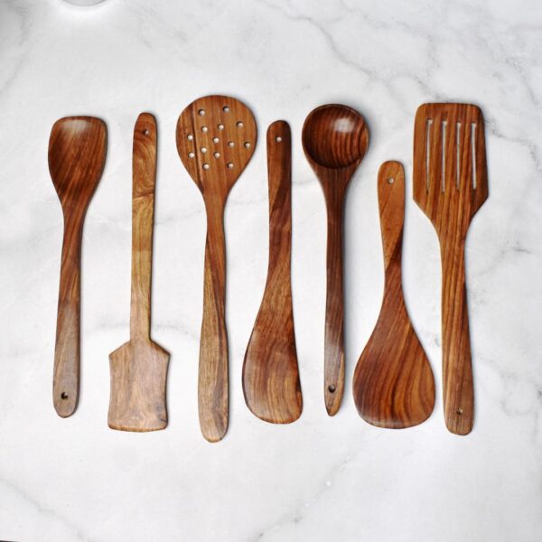 Decorlay Natural Wooden Spoon Set For Cooking Includes Frying Serving Spatula Chapati Dessert Rice Spoons Wooden For Nonstick Cookware Kitchen Utensils And Cooking Spoon Set Of 7 - 35.56 Cm