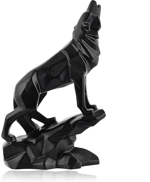 Deepak Craft Gallery Handcrafted Black Wolf Sculpture - Diamond Cut Design Home Decor Figurine for Living Room or Office